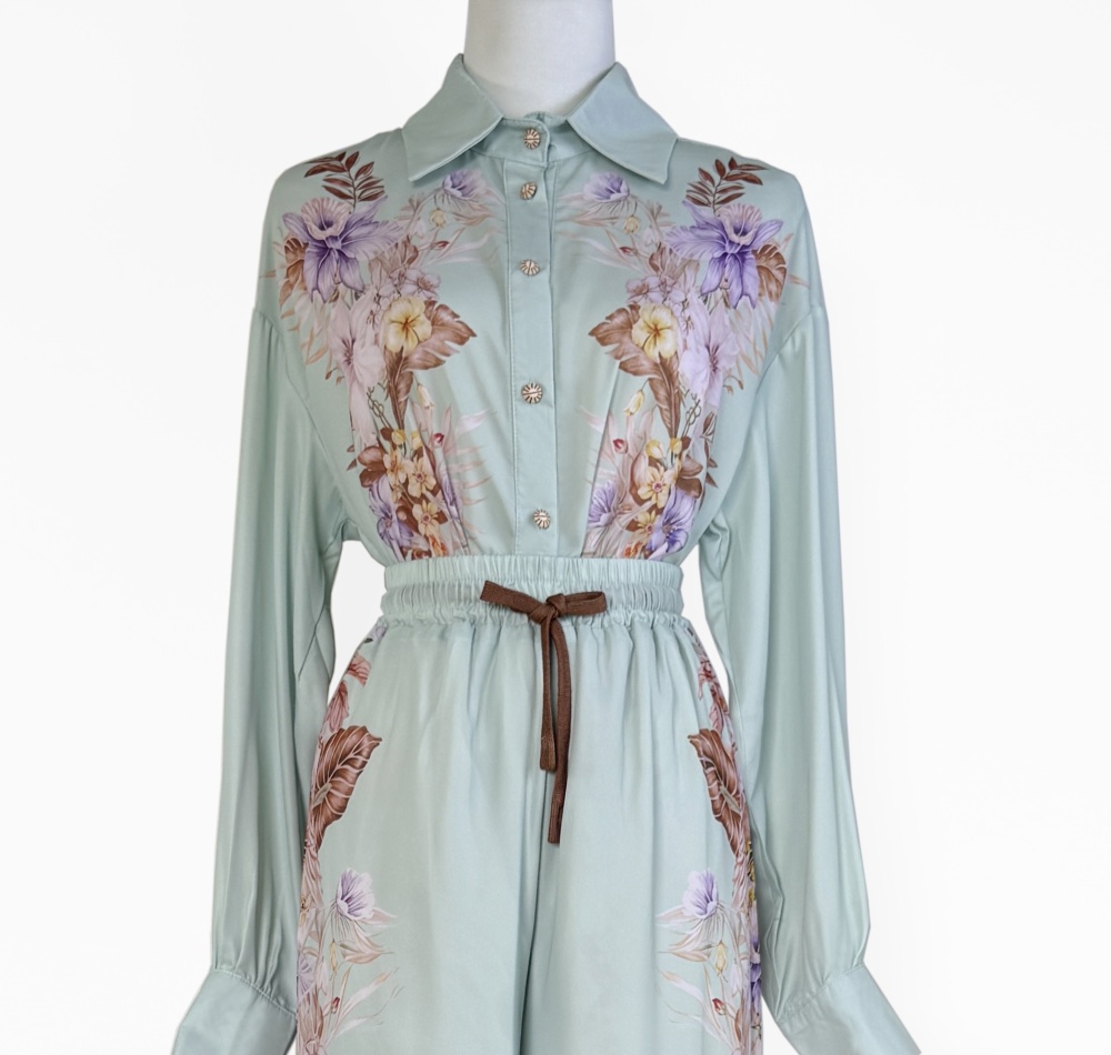 Long sleeve printing shirt satin high waist casual pants for women