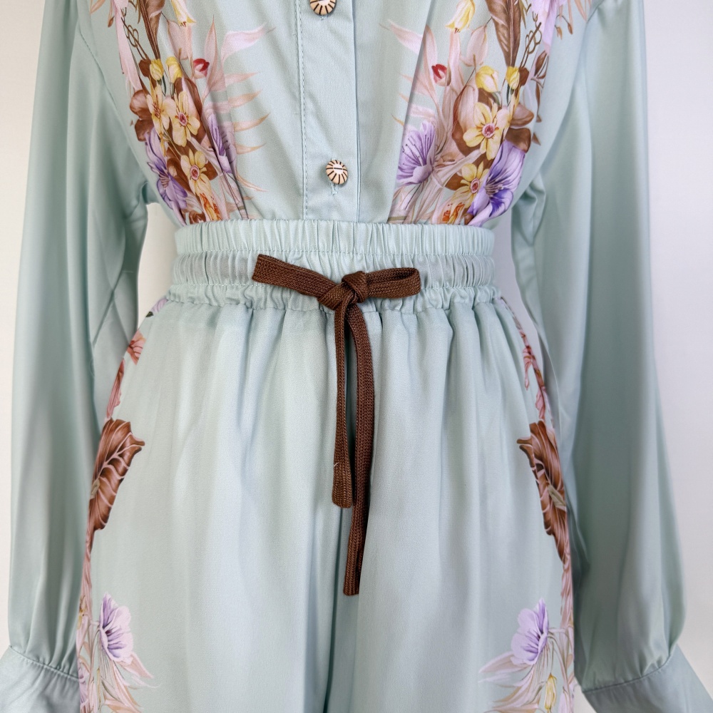 Long sleeve printing shirt satin high waist casual pants for women