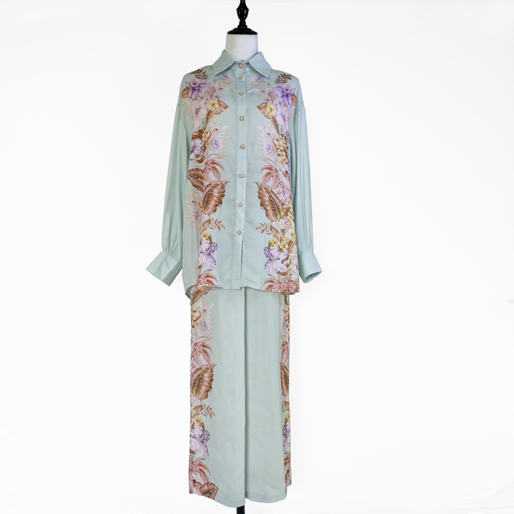 Long sleeve printing shirt satin high waist casual pants for women