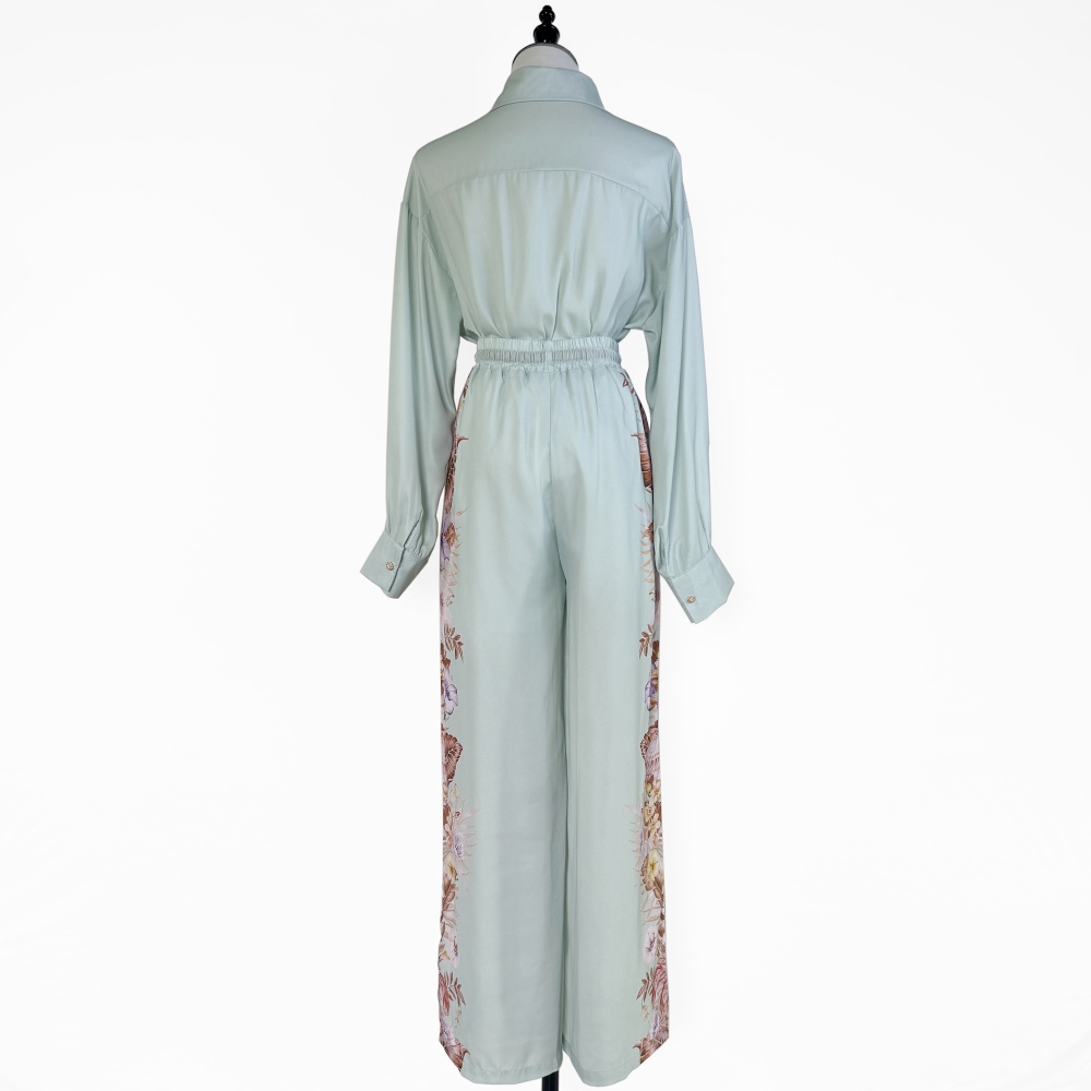 Long sleeve printing shirt satin high waist casual pants for women