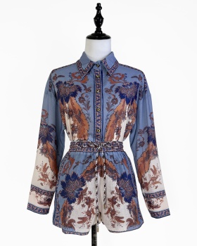 Vacation printing shorts high waist loose shirt 2pcs set