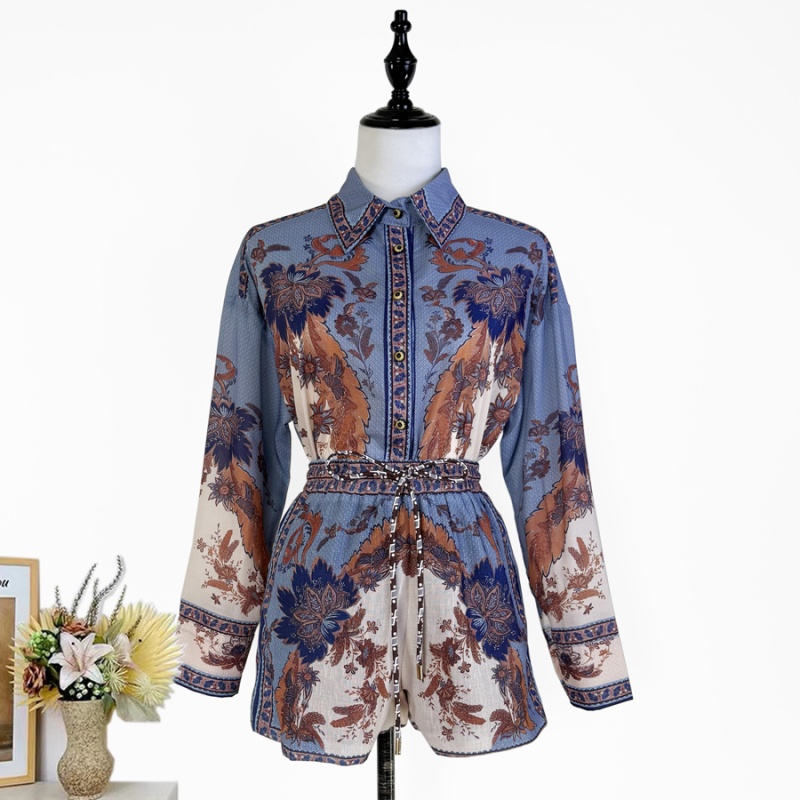 Vacation printing shorts high waist loose shirt 2pcs set