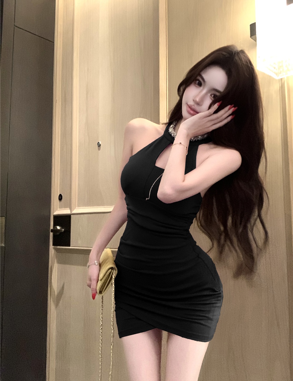Slim halter fold hollow pinched waist little sexy dress