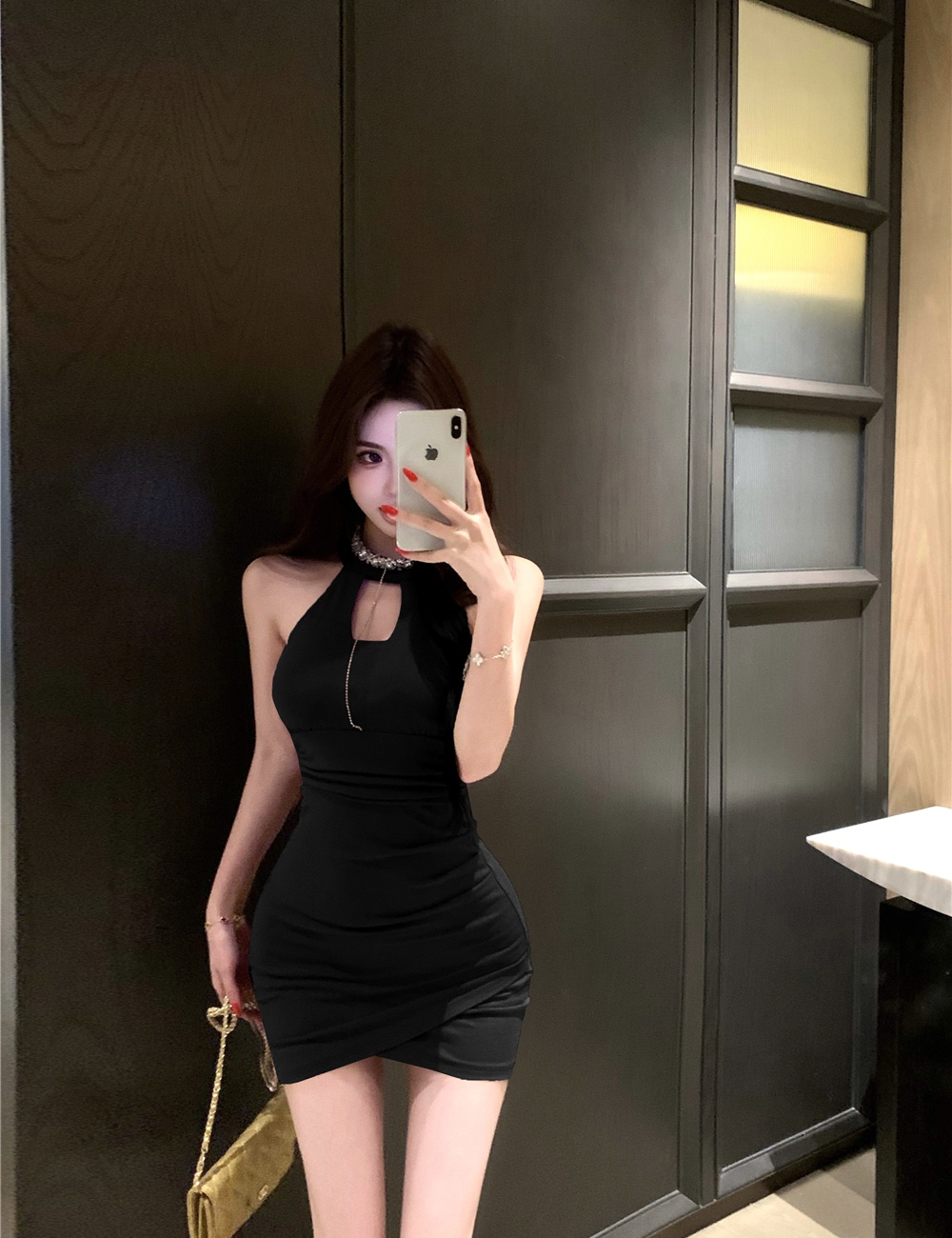 Slim halter fold hollow pinched waist little sexy dress