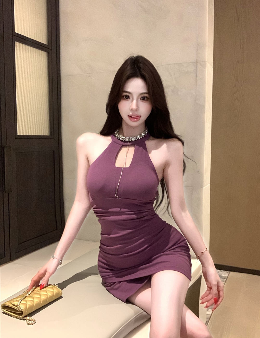Slim halter fold hollow pinched waist little sexy dress