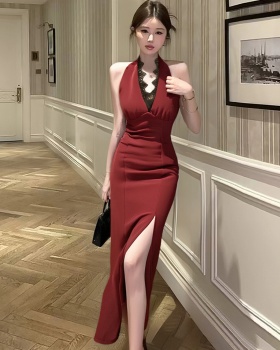 Split sexy halter formal dress Hepburn style bandage long dress