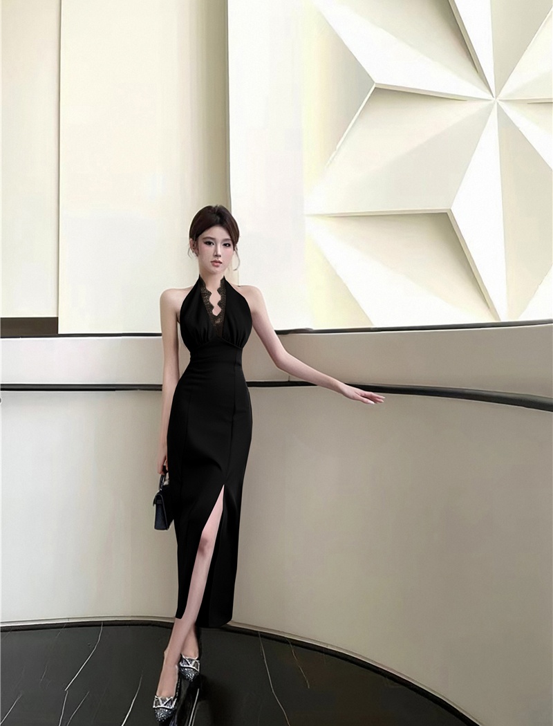 Split sexy halter formal dress Hepburn style bandage long dress