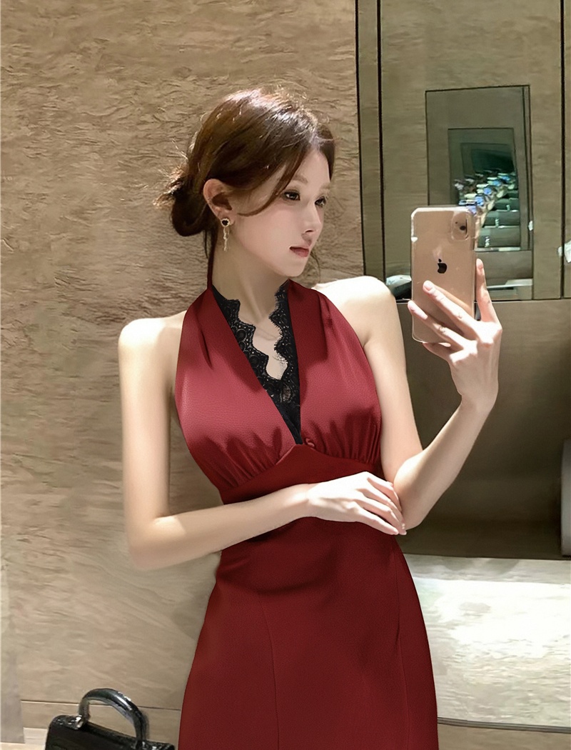 Split sexy halter formal dress Hepburn style bandage long dress