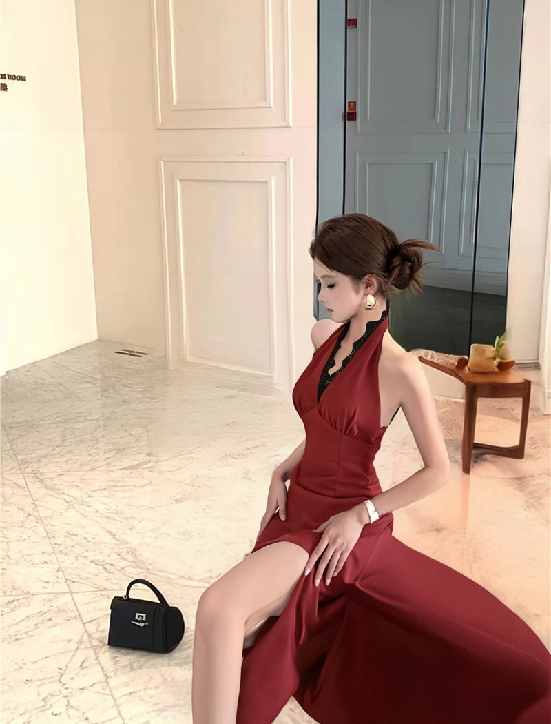 Split sexy halter formal dress Hepburn style bandage long dress