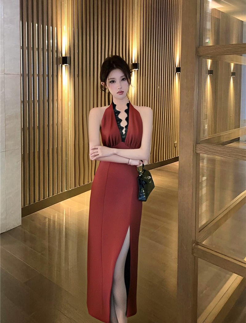 Split sexy halter formal dress Hepburn style bandage long dress