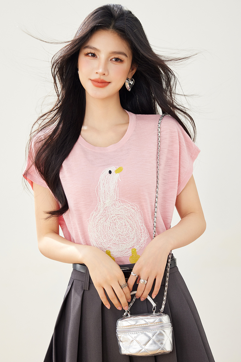Embroidery summer cartoon tops thin ice silk sweater