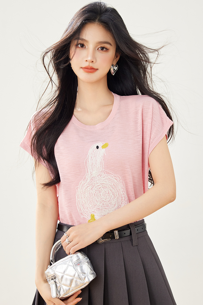 Embroidery summer cartoon tops thin ice silk sweater