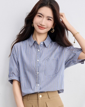 Summer pocket lapel Korean style loose Casual stripe tops