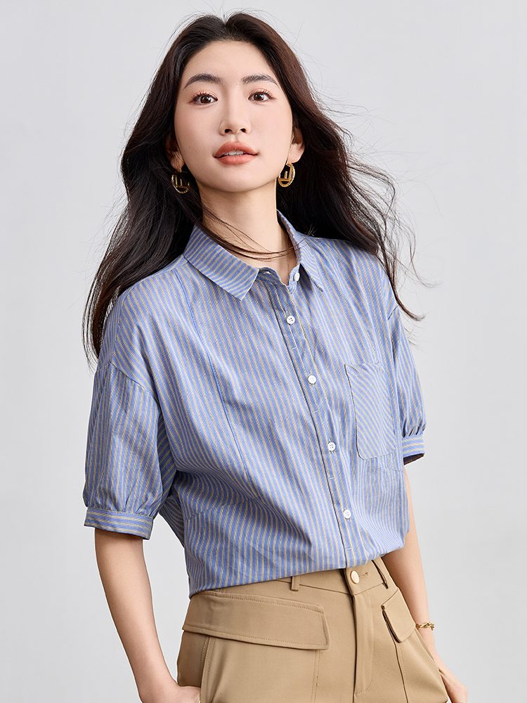 Summer pocket lapel Korean style loose Casual stripe tops