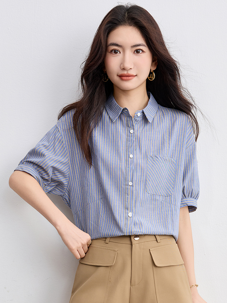 Summer pocket lapel Korean style loose Casual stripe tops