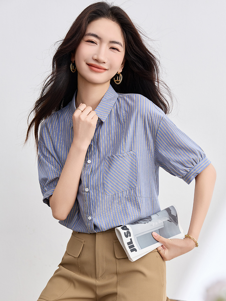 Summer pocket lapel Korean style loose Casual stripe tops