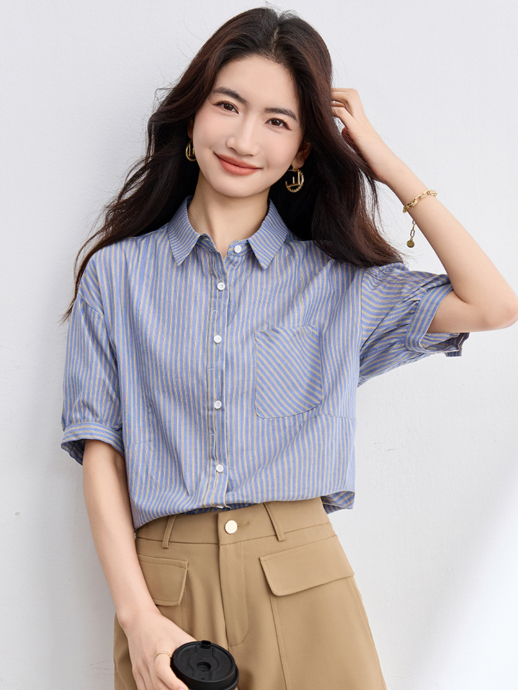 Summer pocket lapel Korean style loose Casual stripe tops