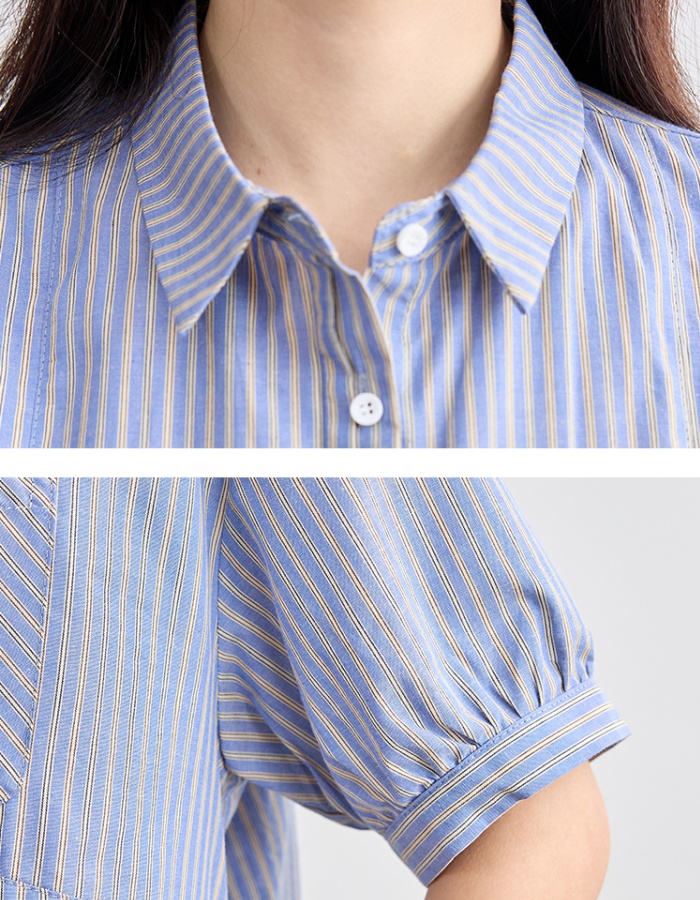 Summer pocket lapel Korean style loose Casual stripe tops
