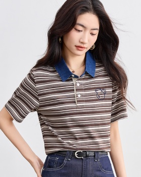 Lapel mixed colors tops stripe commuting T-shirt