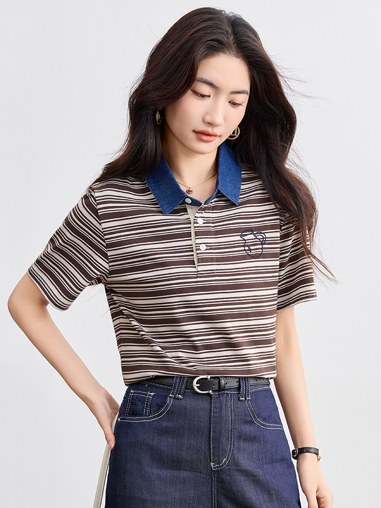 Lapel mixed colors tops stripe commuting T-shirt