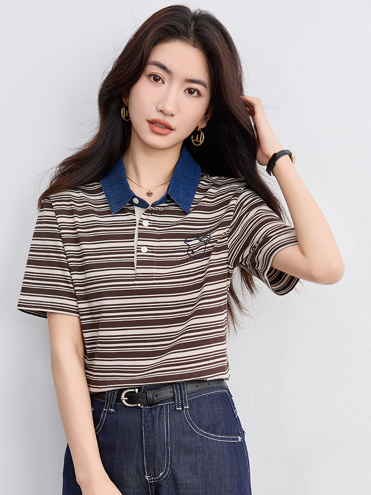 Lapel mixed colors tops stripe commuting T-shirt