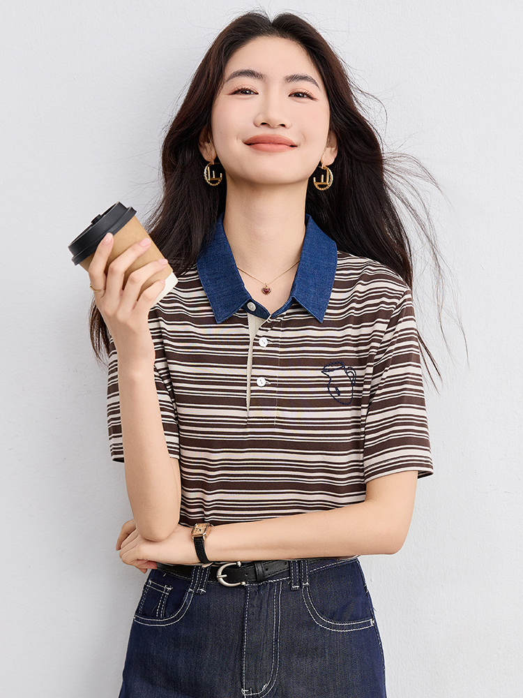 Lapel mixed colors tops stripe commuting T-shirt