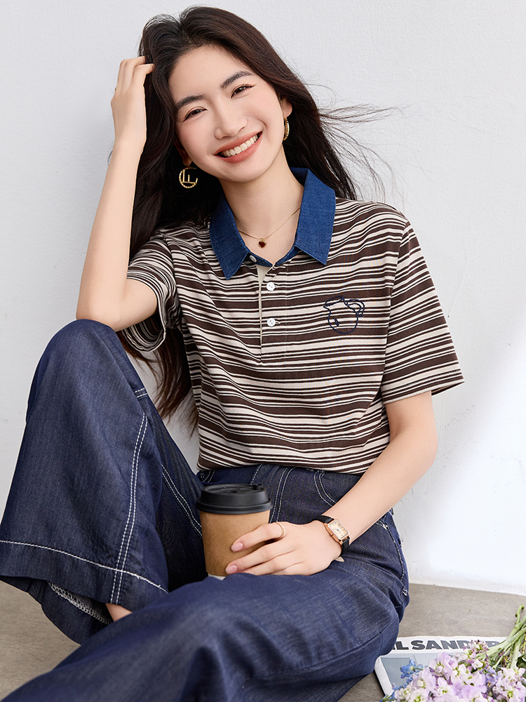 Lapel mixed colors tops stripe commuting T-shirt