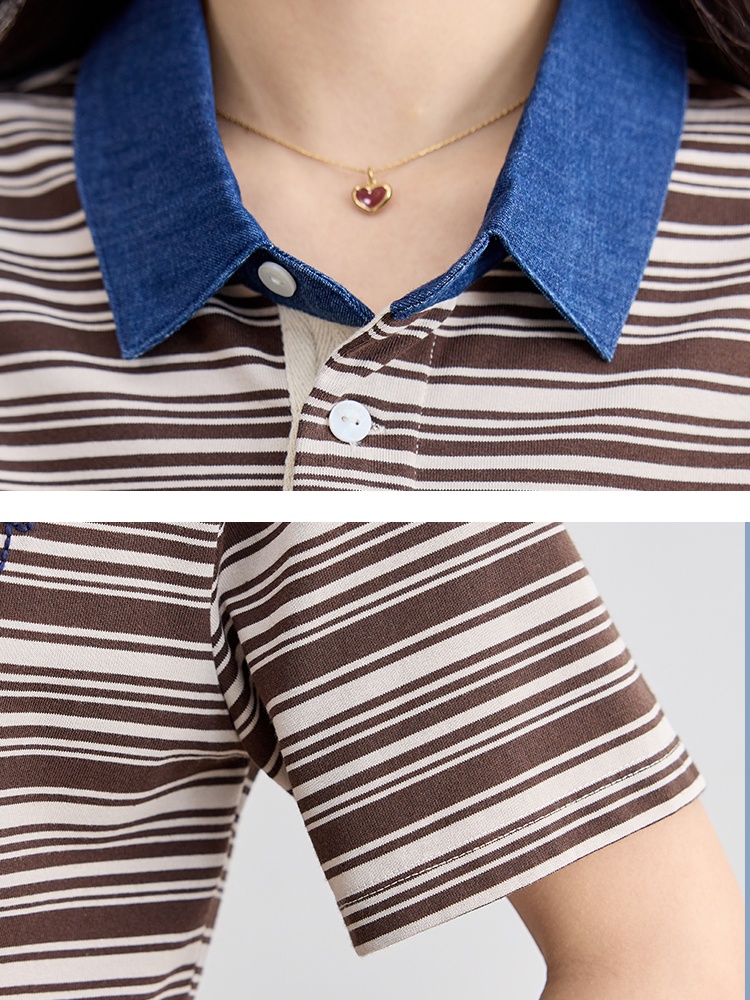 Lapel mixed colors tops stripe commuting T-shirt