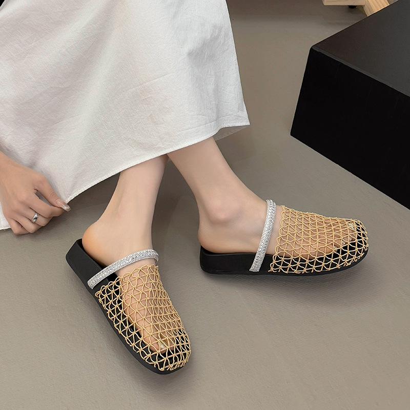 Cozy flat fishing net shoes sandy beach half hollow slippers