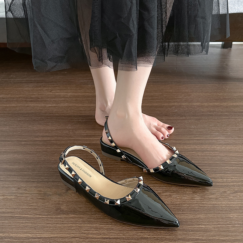 Thick France style sandals nude color rivet shoes for women