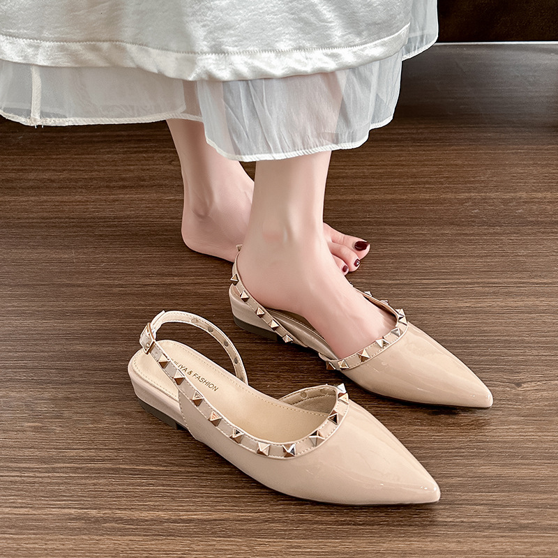 Thick France style sandals nude color rivet shoes for women