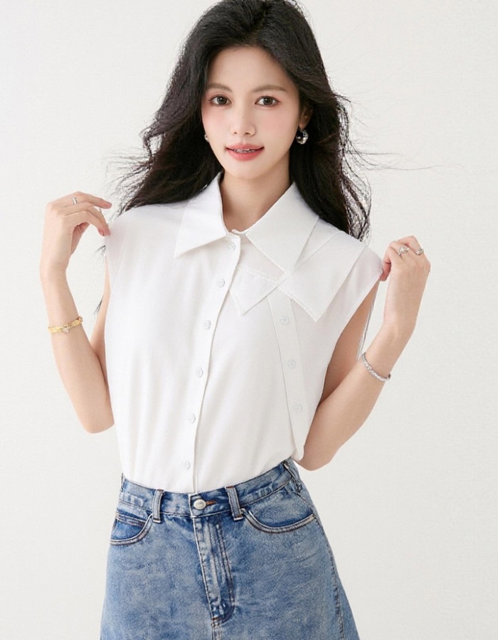 Lapel white summer tops Korean style Casual shirt for women