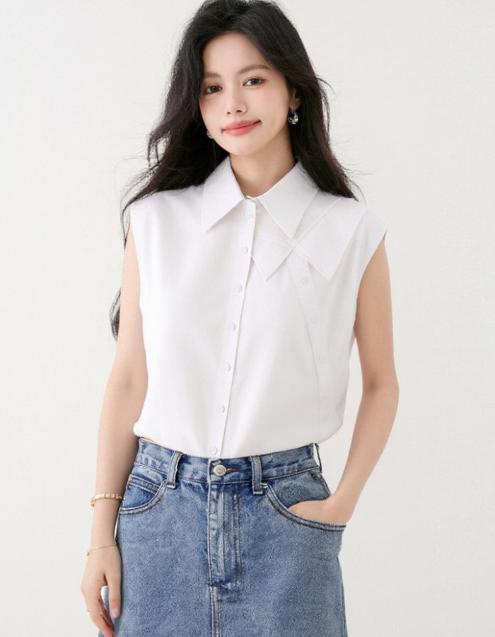 Lapel white summer tops Korean style Casual shirt for women