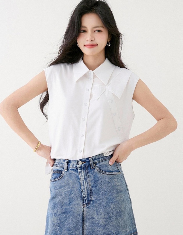 Lapel white summer tops Korean style Casual shirt for women