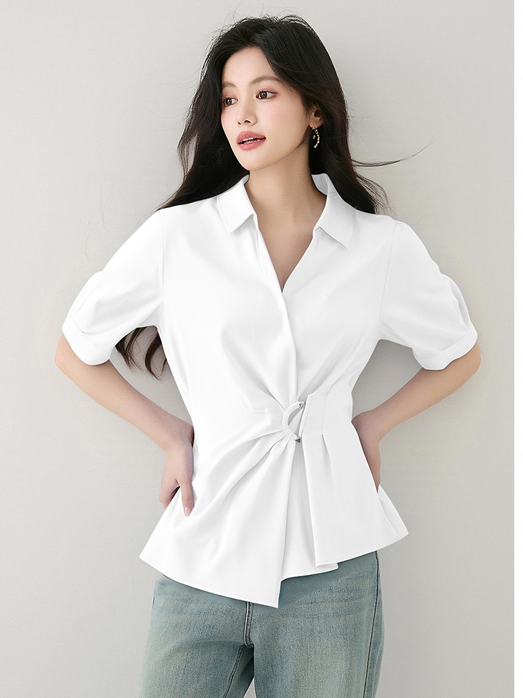Pinched waist France style tops summer white shirt