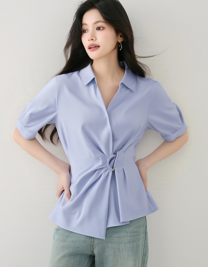 Pinched waist France style tops summer white shirt