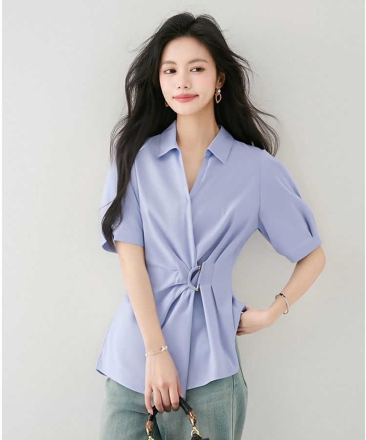 Pinched waist France style tops summer white shirt