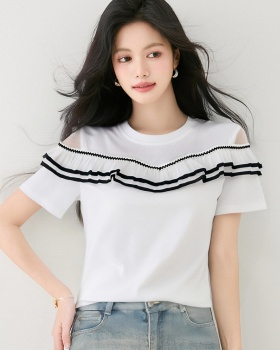 Pure cotton lace strapless T-shirt lotus leaf summer tops
