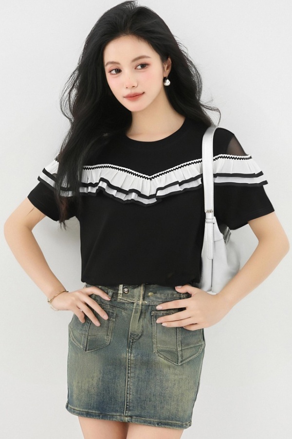 Pure cotton lace strapless T-shirt lotus leaf summer tops