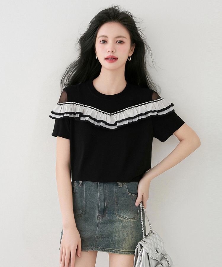 Pure cotton lace strapless T-shirt lotus leaf summer tops