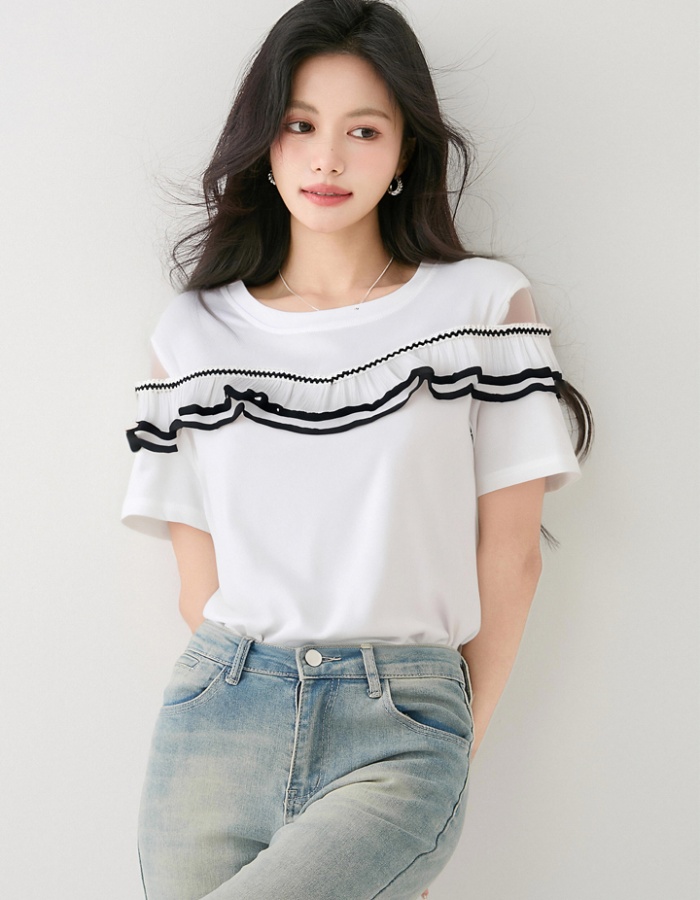 Pure cotton lace strapless T-shirt lotus leaf summer tops