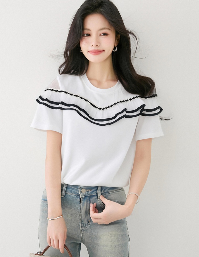 Pure cotton lace strapless T-shirt lotus leaf summer tops