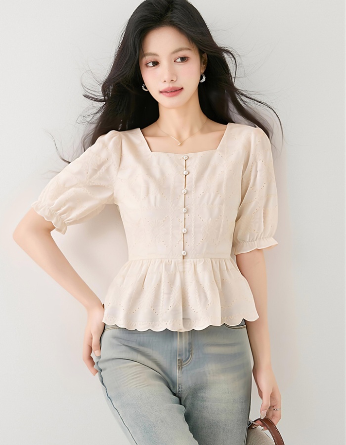 Temperament lace tops France style embroidered shirt