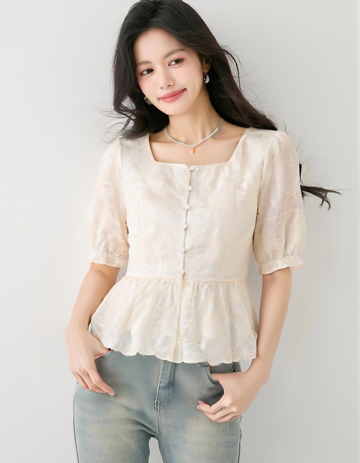 Temperament lace tops France style embroidered shirt