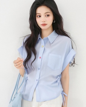 Colors buckle drawstring tops blue summer shirt
