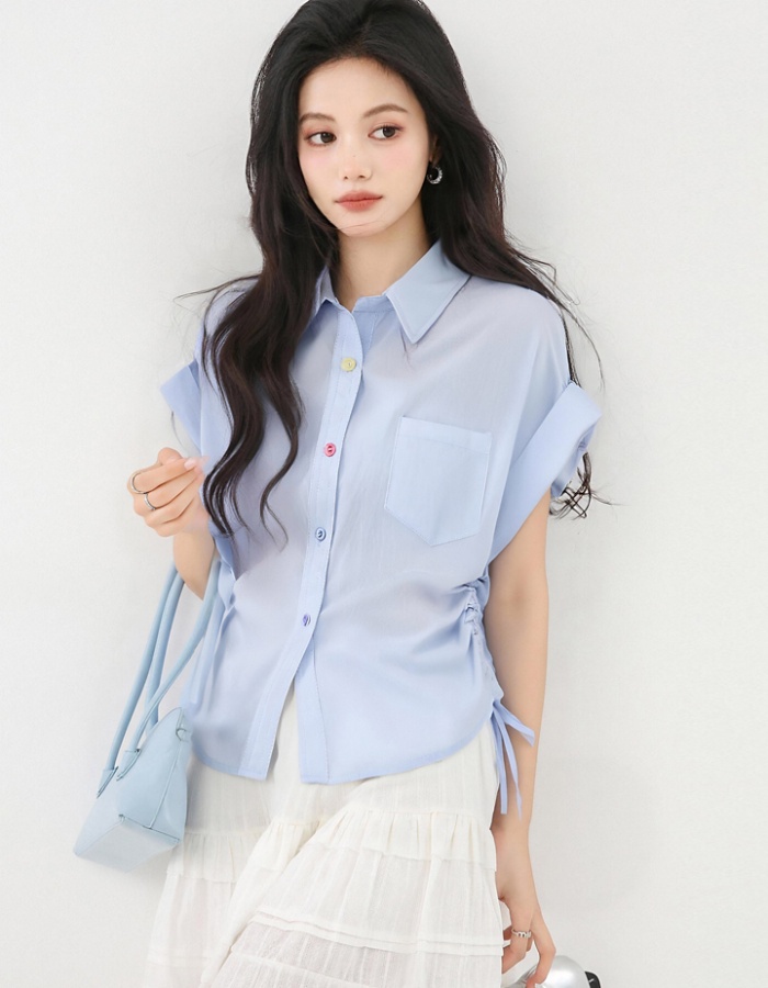 Colors buckle drawstring tops blue summer shirt