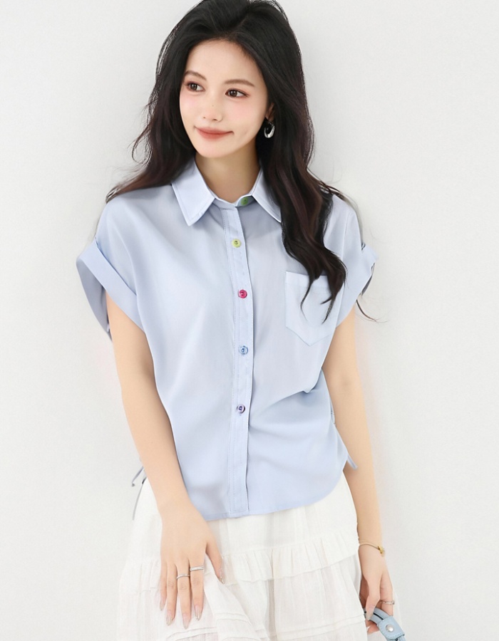 Colors buckle drawstring tops blue summer shirt