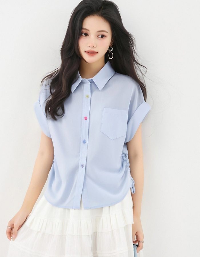 Colors buckle drawstring tops blue summer shirt