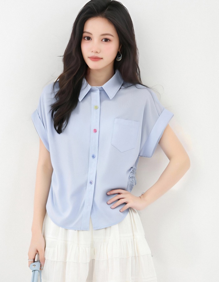 Colors buckle drawstring tops blue summer shirt