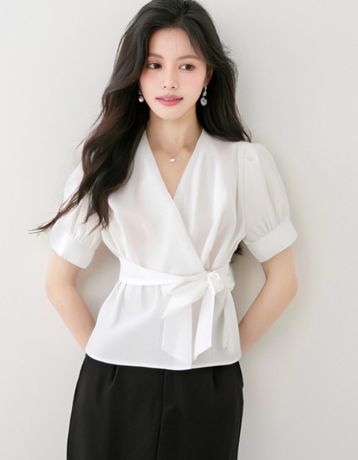 Temperament V-neck shirt pinched waist tops